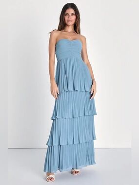 Lulus Seriously Sensational Light Blue Strapless Tiered Maxi Dress Size XL NWT